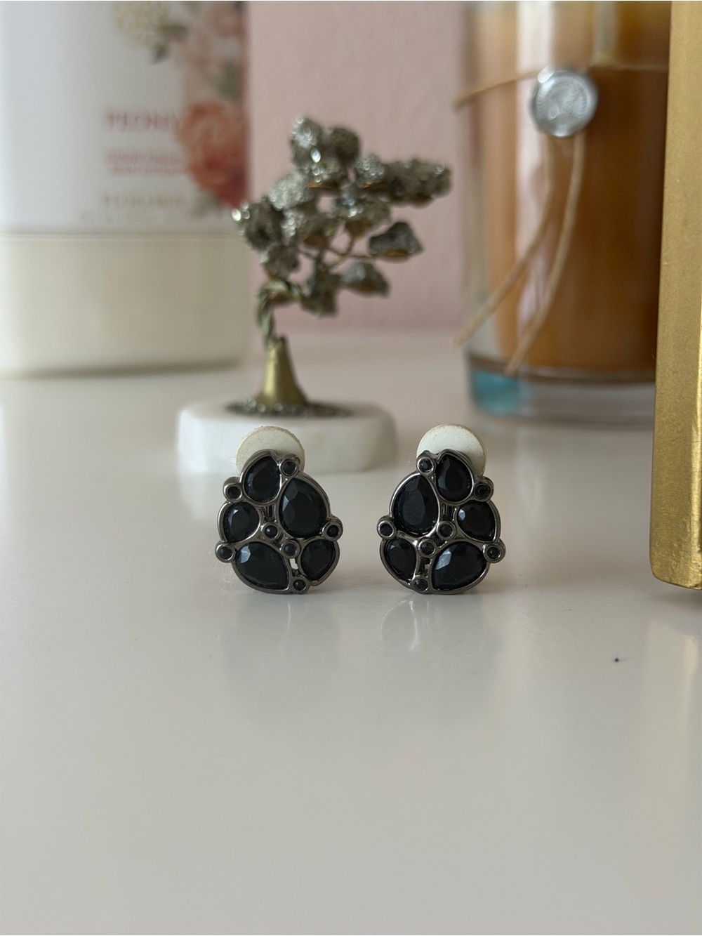 Authentic Swarovski Jet Black Crystal Cluster Clip-On Earrings - Gunmetal Tone
